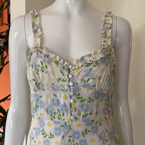 Zara Ivory Yellow Blue Floral Smocked Ruffle Printed Satin Mini Dress Size M - Picture 3 of 11